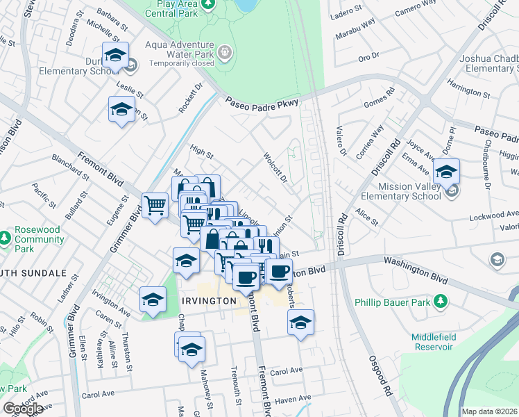 map of restaurants, bars, coffee shops, grocery stores, and more near 40868 Lincoln Street in Fremont