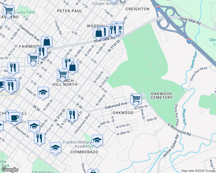 map of restaurants, bars, coffee shops, grocery stores, and more near 1323 North 34th Street in Richmond