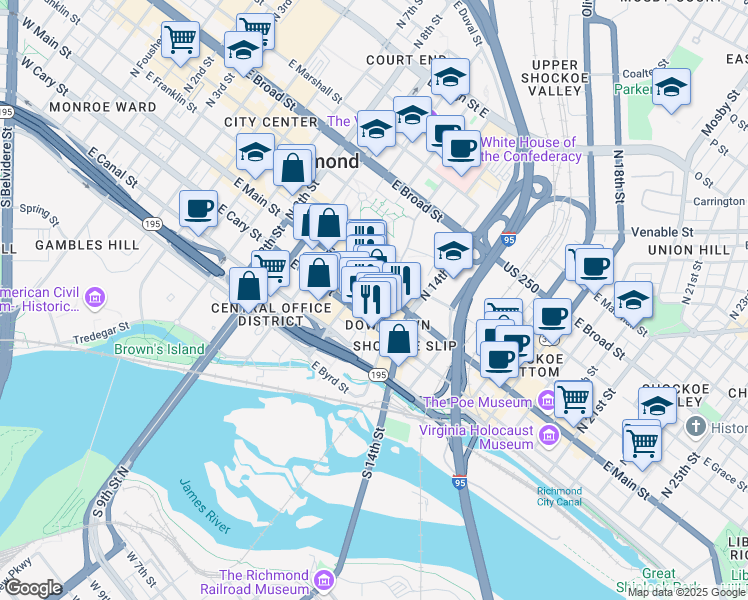 map of restaurants, bars, coffee shops, grocery stores, and more near 1301 East Main Street in Richmond