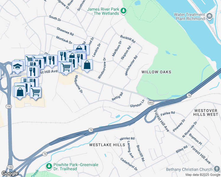 map of restaurants, bars, coffee shops, grocery stores, and more near 6507 Forest Hill Avenue in Richmond