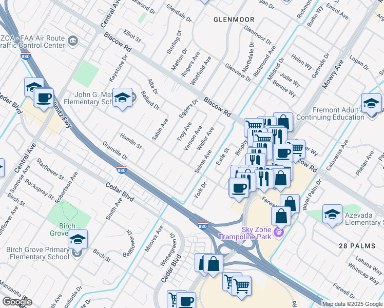 map of restaurants, bars, coffee shops, grocery stores, and more near 5249 Waller Avenue in Fremont