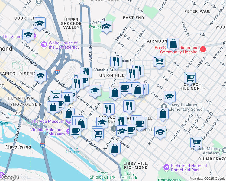 map of restaurants, bars, coffee shops, grocery stores, and more near 2108 East Leigh Street in Richmond