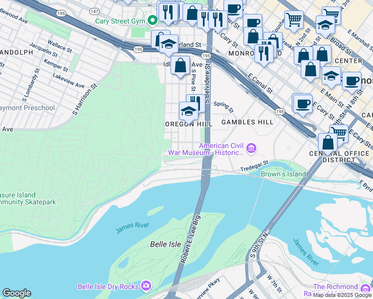 map of restaurants, bars, coffee shops, grocery stores, and more near 726 South Pine Street in Richmond