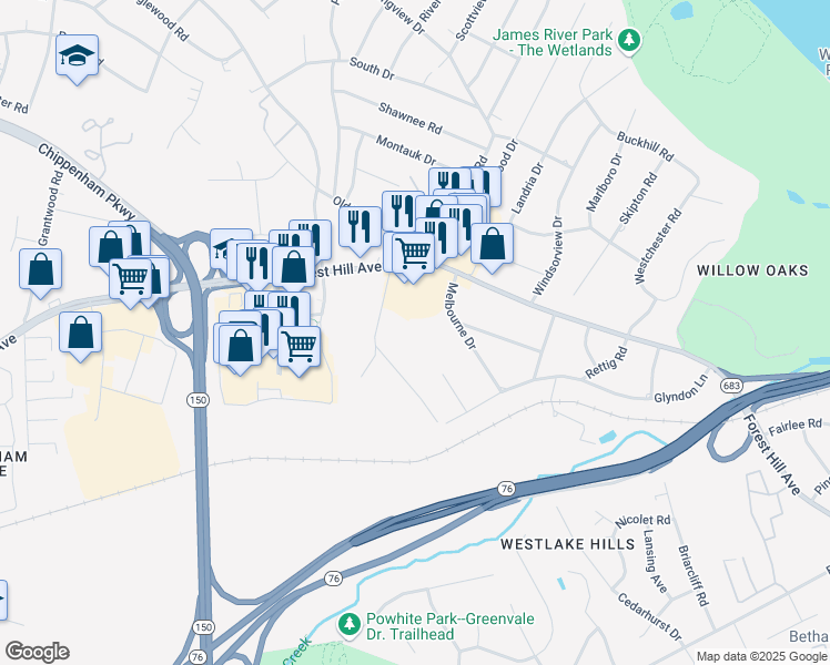 map of restaurants, bars, coffee shops, grocery stores, and more near 2614 Granite Hill Circle in Richmond