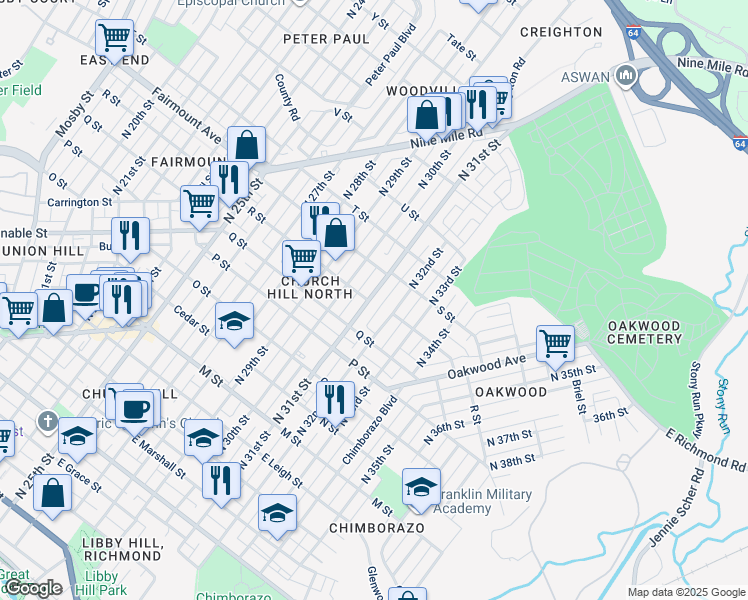 map of restaurants, bars, coffee shops, grocery stores, and more near 1201 North 31st Street in Richmond