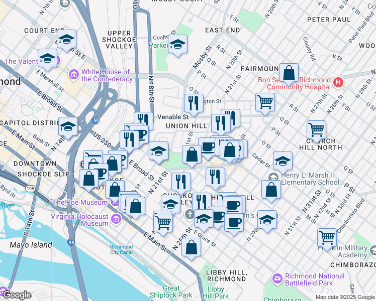 map of restaurants, bars, coffee shops, grocery stores, and more near 517 North 21st Street in Richmond