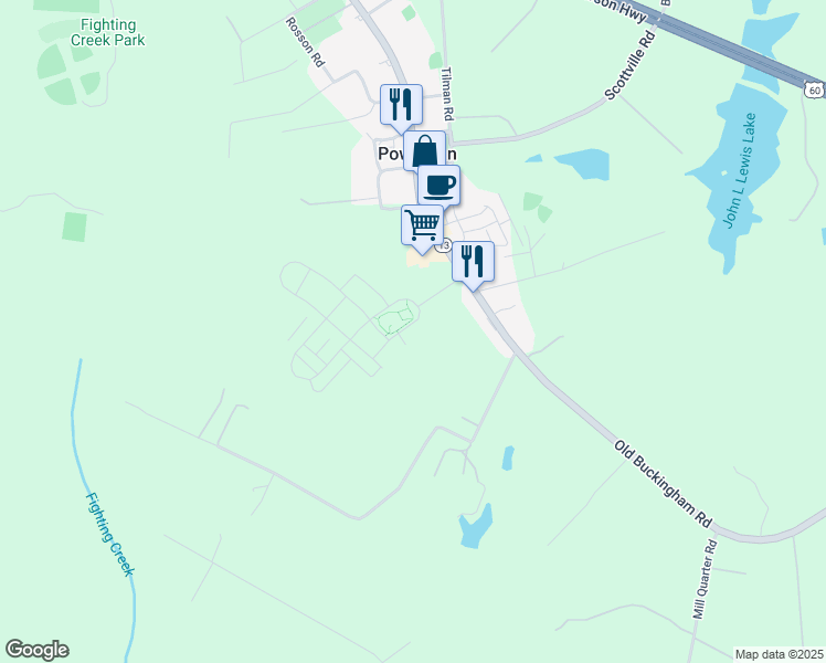 map of restaurants, bars, coffee shops, grocery stores, and more near 2121 Old Homestead Place in Powhatan