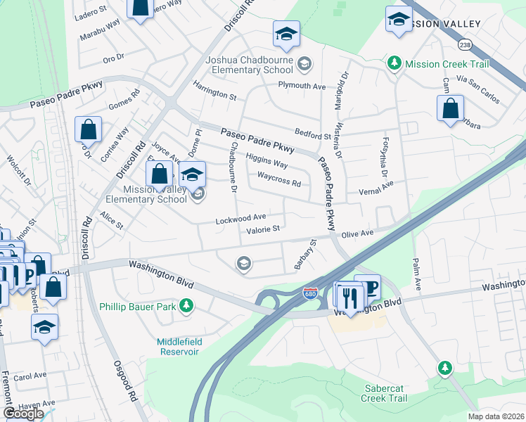 map of restaurants, bars, coffee shops, grocery stores, and more near 2093 Lockwood Avenue in Fremont