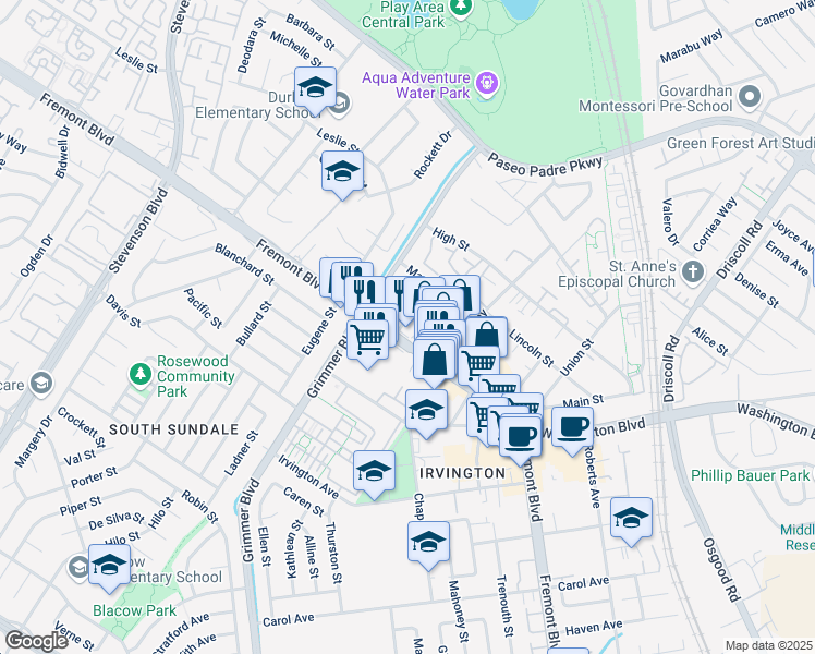 map of restaurants, bars, coffee shops, grocery stores, and more near 3972 Clough Avenue in Fremont