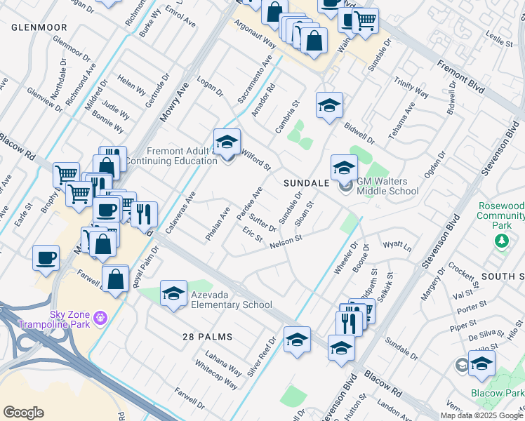 map of restaurants, bars, coffee shops, grocery stores, and more near 39547 Pardee Court in Fremont