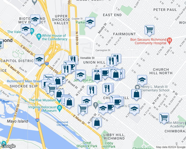 map of restaurants, bars, coffee shops, grocery stores, and more near 2020 Princess Anne Avenue in Richmond