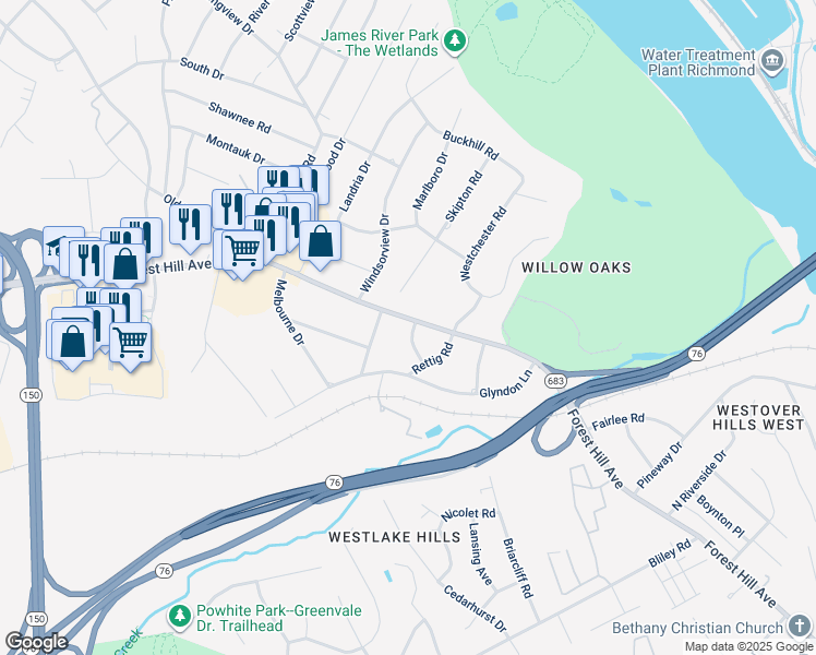 map of restaurants, bars, coffee shops, grocery stores, and more near 6507 Forest Hill Avenue in Richmond