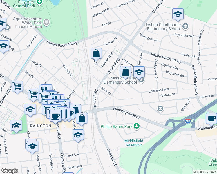 map of restaurants, bars, coffee shops, grocery stores, and more near 41331 Beatrice Street in Fremont