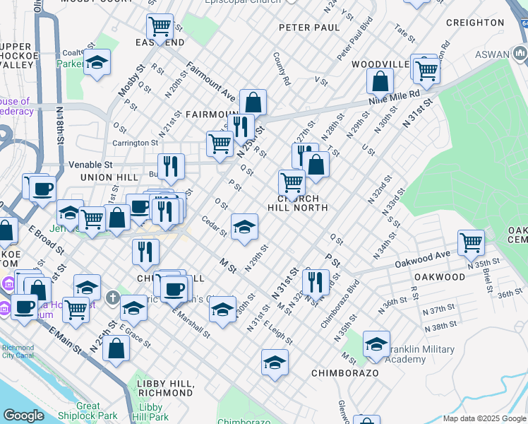 map of restaurants, bars, coffee shops, grocery stores, and more near 908 North 28th Street in Richmond