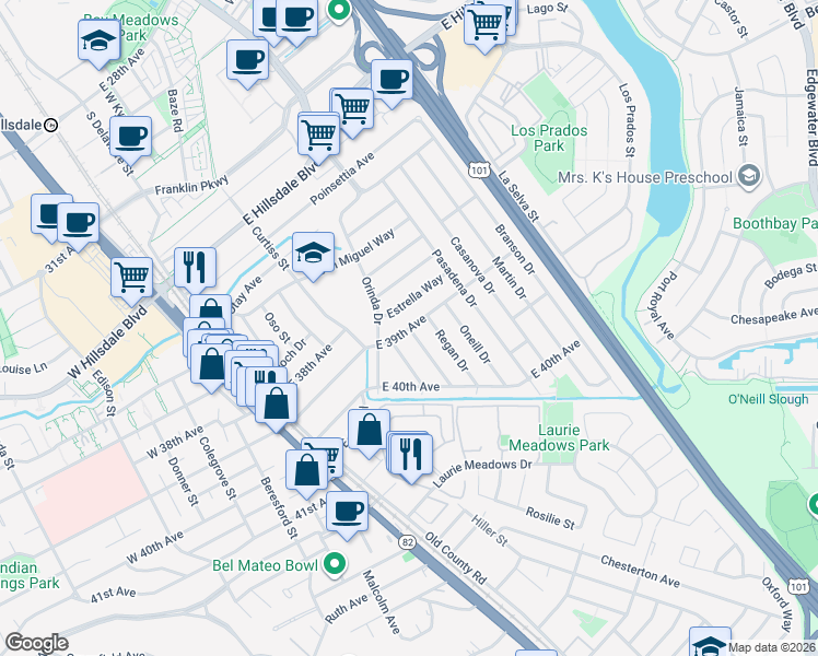 map of restaurants, bars, coffee shops, grocery stores, and more near East 39th Avenue in San Mateo