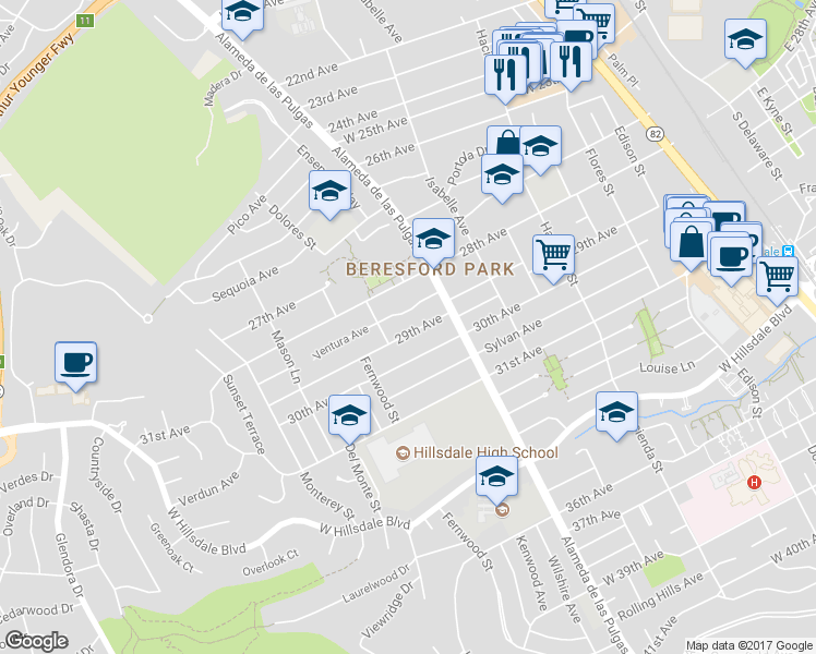 map of restaurants, bars, coffee shops, grocery stores, and more near 546 29th Avenue in San Mateo