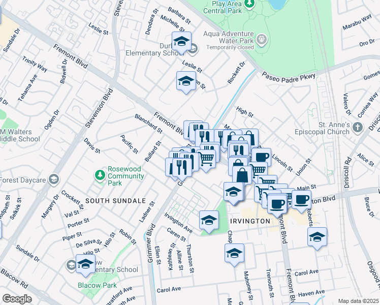 map of restaurants, bars, coffee shops, grocery stores, and more near 4102 Eugene Street in Fremont