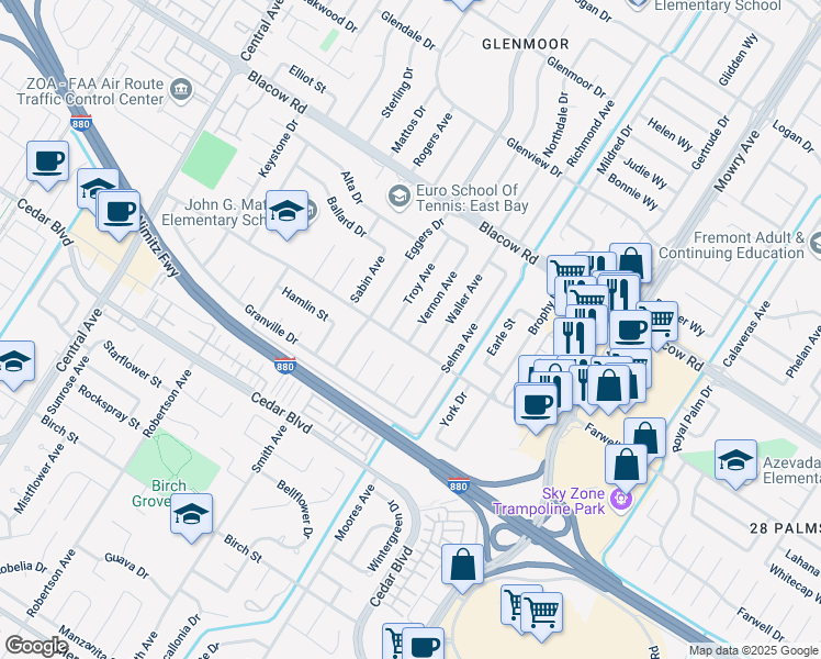 map of restaurants, bars, coffee shops, grocery stores, and more near 5265 Vernon Avenue in Fremont