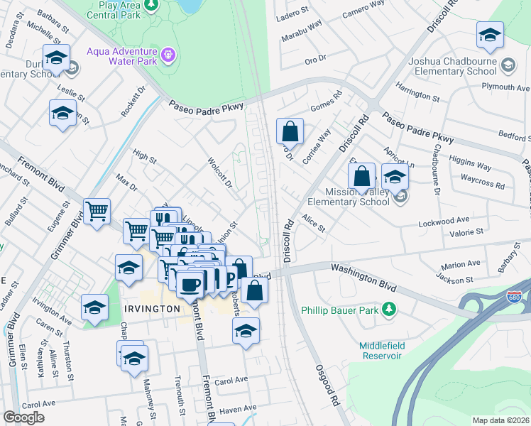 map of restaurants, bars, coffee shops, grocery stores, and more near 41008 Asilomar Terrace in Fremont