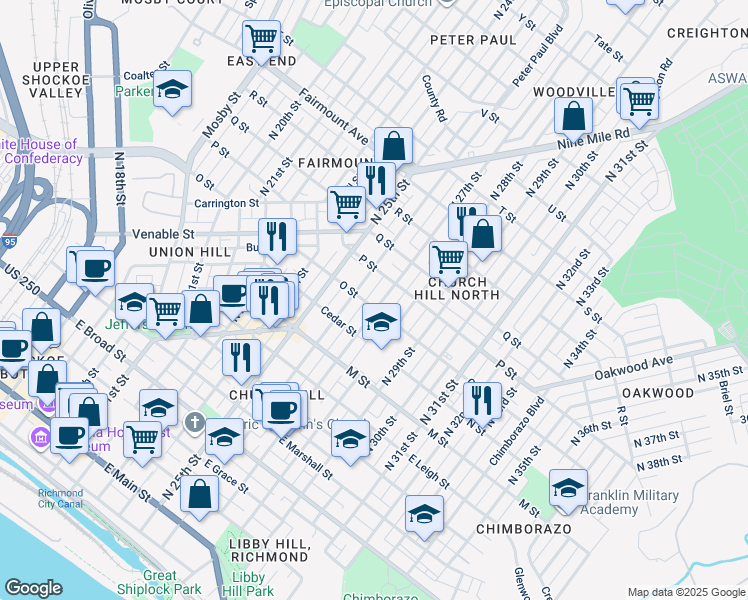 map of restaurants, bars, coffee shops, grocery stores, and more near 902 North 27th Street in Richmond