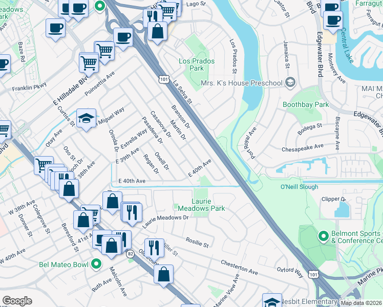 map of restaurants, bars, coffee shops, grocery stores, and more near 3965 Casanova Drive in San Mateo