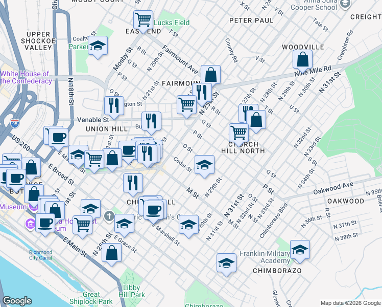 map of restaurants, bars, coffee shops, grocery stores, and more near 816 North 26th Street in Richmond