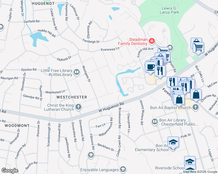 map of restaurants, bars, coffee shops, grocery stores, and more near 2821 Clarendon Drive in Richmond