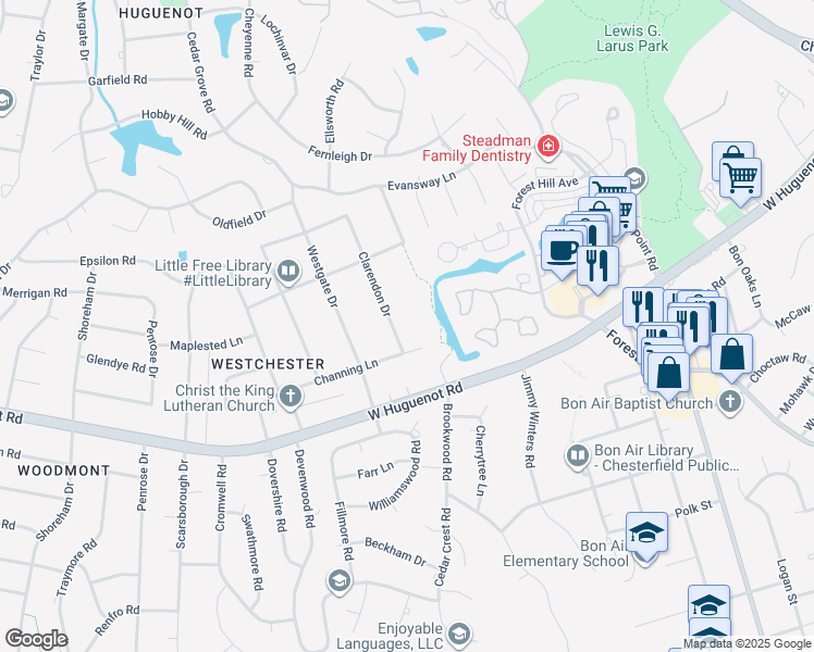 map of restaurants, bars, coffee shops, grocery stores, and more near 2821 Clarendon Drive in Richmond