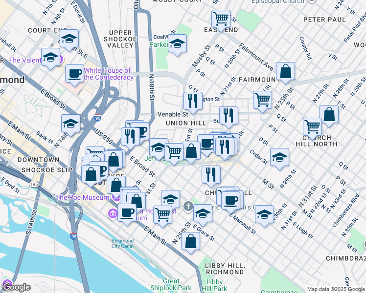map of restaurants, bars, coffee shops, grocery stores, and more near 2020 Princess Anne Avenue in Richmond