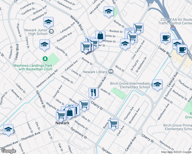 map of restaurants, bars, coffee shops, grocery stores, and more near 6123 Thornton Avenue in Newark