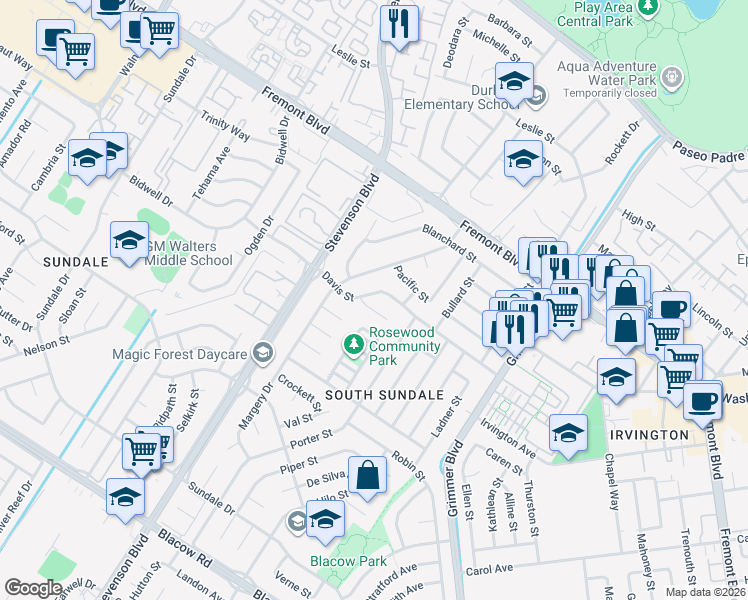 map of restaurants, bars, coffee shops, grocery stores, and more near 40157 Davis Street in Fremont