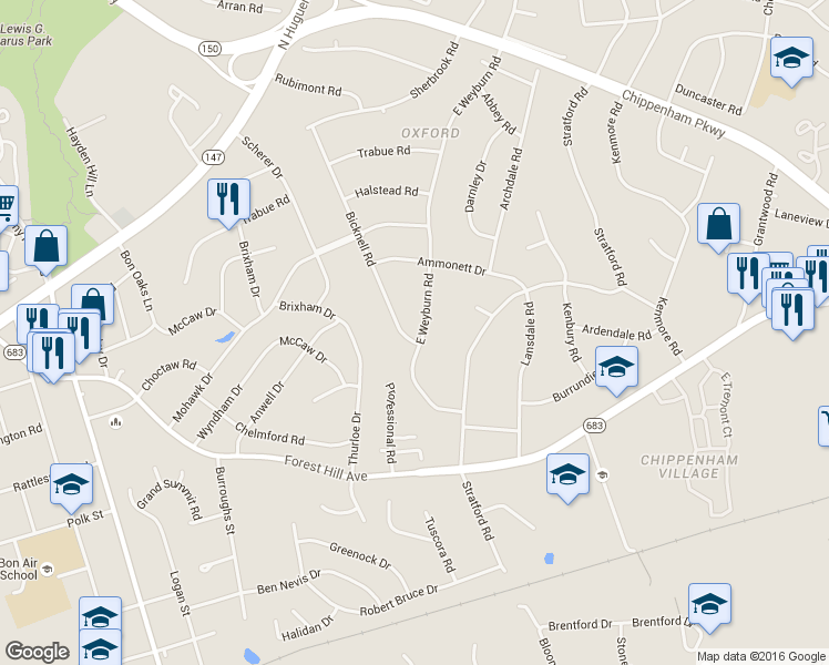 map of restaurants, bars, coffee shops, grocery stores, and more near 2800 East Weyburn Road in Richmond
