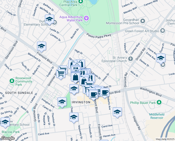 map of restaurants, bars, coffee shops, grocery stores, and more near 40831 Lincoln Street in Fremont