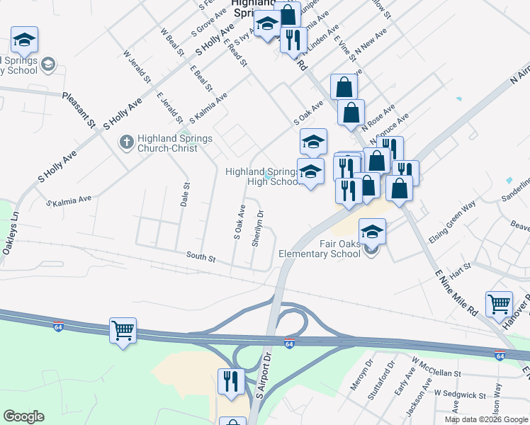 map of restaurants, bars, coffee shops, grocery stores, and more near 409 Sherilyn Drive in Highland Springs