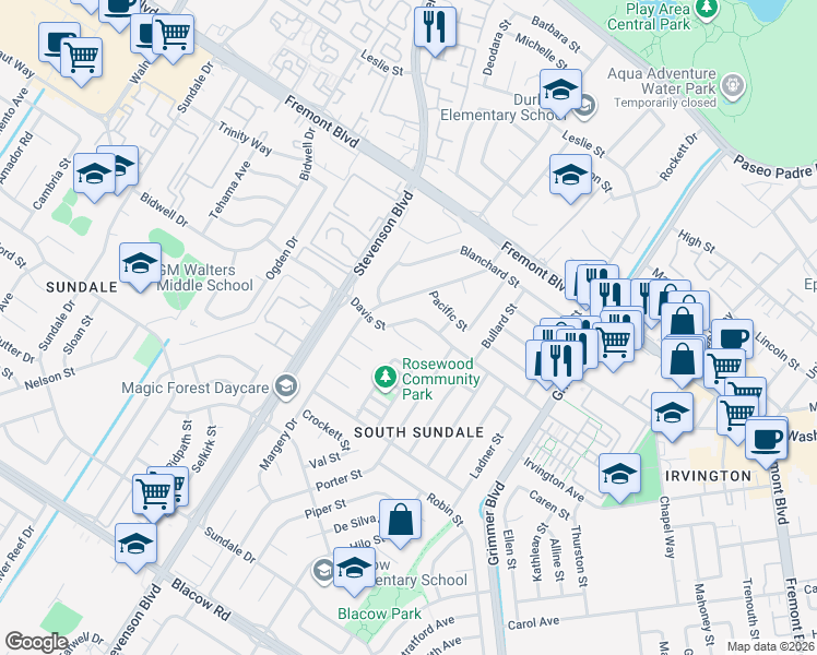 map of restaurants, bars, coffee shops, grocery stores, and more near 40157 Davis Street in Fremont
