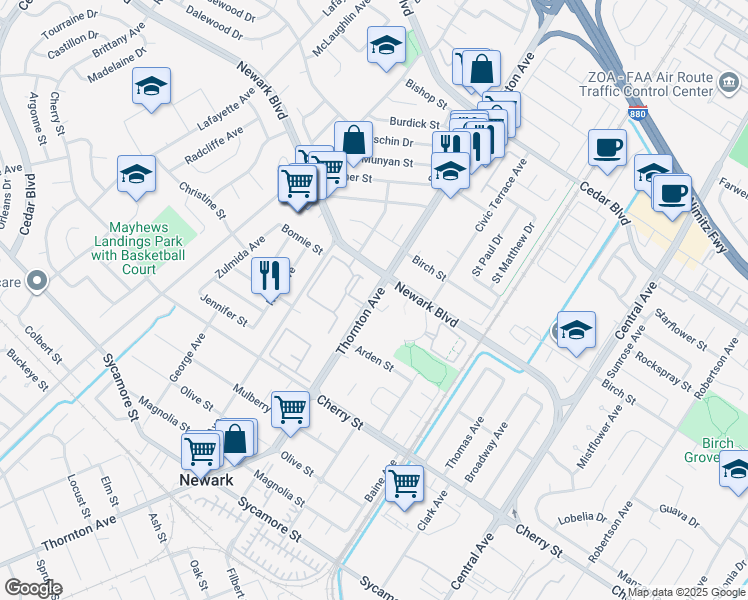 map of restaurants, bars, coffee shops, grocery stores, and more near 6245 Thornton Avenue in Newark
