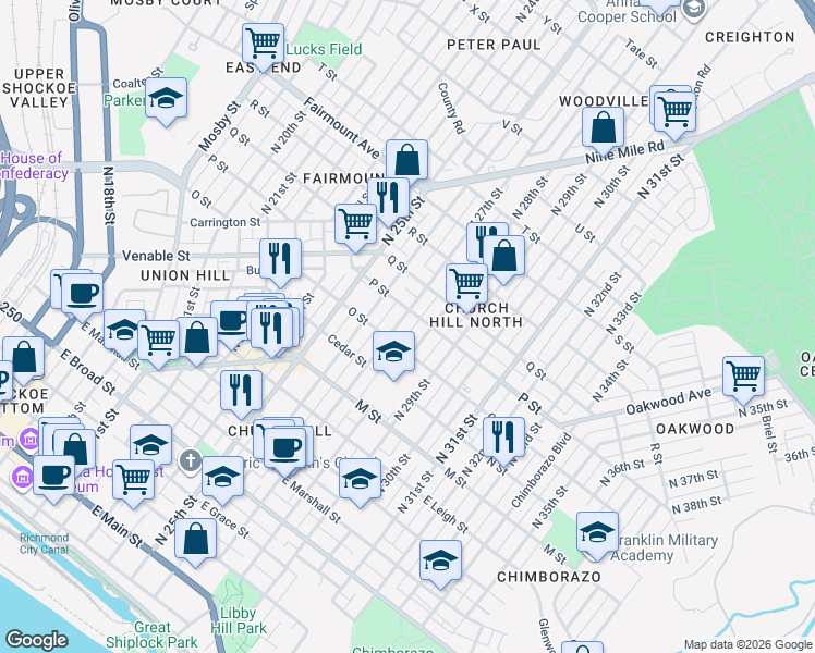 map of restaurants, bars, coffee shops, grocery stores, and more near 908 North 28th Street in Richmond