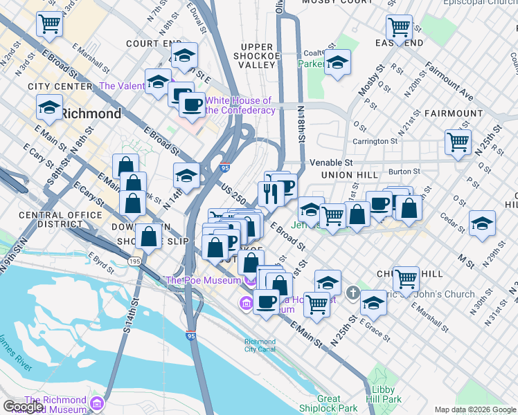 map of restaurants, bars, coffee shops, grocery stores, and more near 1710 East Broad Street in Richmond