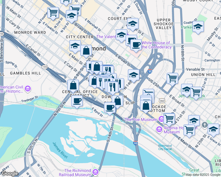 map of restaurants, bars, coffee shops, grocery stores, and more near 1301 East Main Street in Richmond