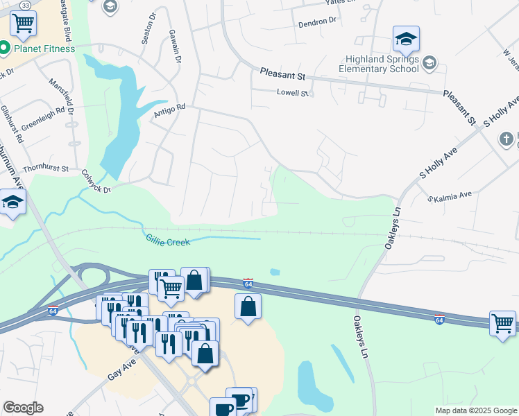 map of restaurants, bars, coffee shops, grocery stores, and more near 4232 Oakley Court in Richmond