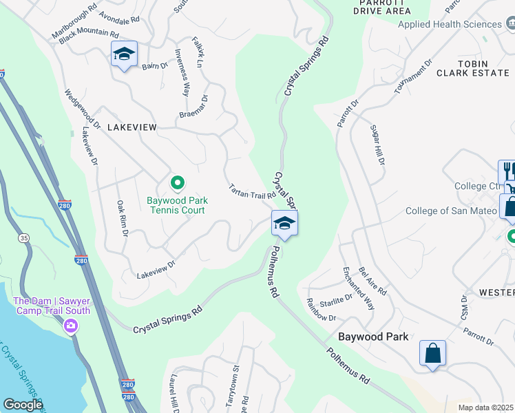 map of restaurants, bars, coffee shops, grocery stores, and more near 1020 Lakeview Drive in Hillsborough