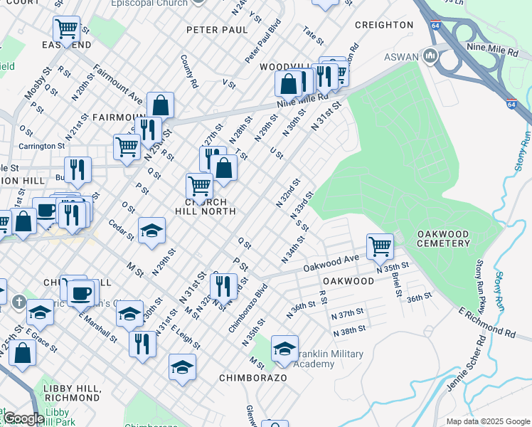 map of restaurants, bars, coffee shops, grocery stores, and more near 1218 North 32nd Street in Richmond