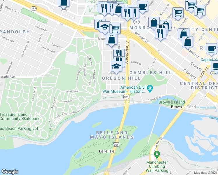 map of restaurants, bars, coffee shops, grocery stores, and more near 702 South Laurel Street in Richmond
