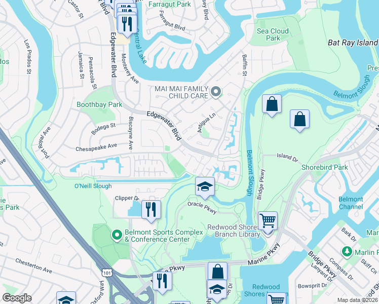 map of restaurants, bars, coffee shops, grocery stores, and more near 201 Bowsprit Lane in Foster City