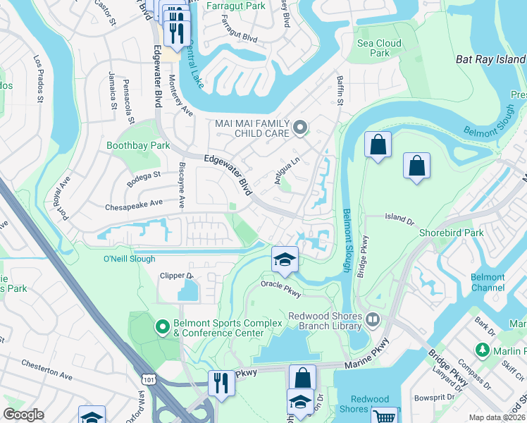 map of restaurants, bars, coffee shops, grocery stores, and more near 201 Bowsprit Lane in Foster City