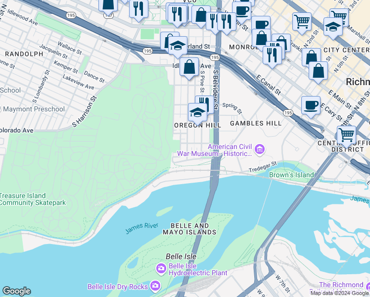 map of restaurants, bars, coffee shops, grocery stores, and more near 702 South Laurel Street in Richmond