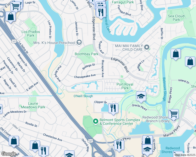 map of restaurants, bars, coffee shops, grocery stores, and more near 10 Port Royal Avenue in Foster City