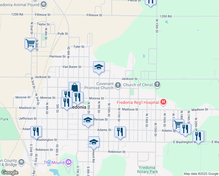 map of restaurants, bars, coffee shops, grocery stores, and more near 1000 Quincy Street in Fredonia