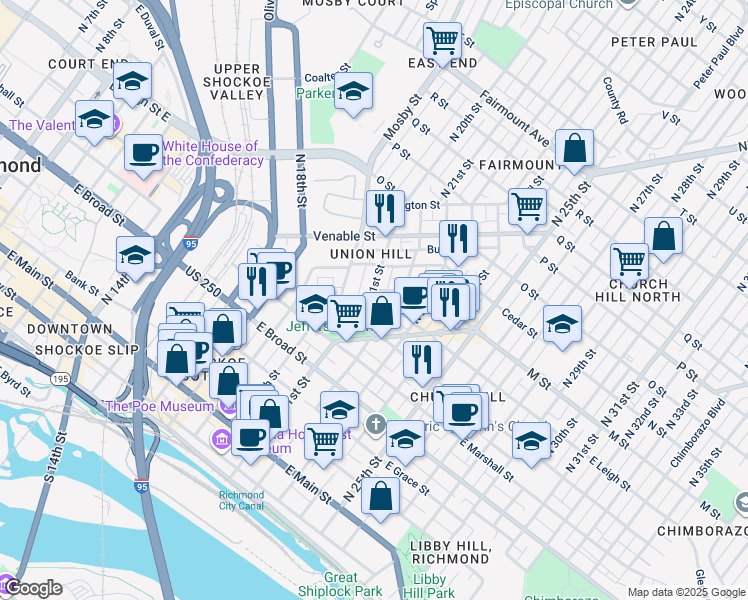 map of restaurants, bars, coffee shops, grocery stores, and more near 521 North 21st Street in Richmond
