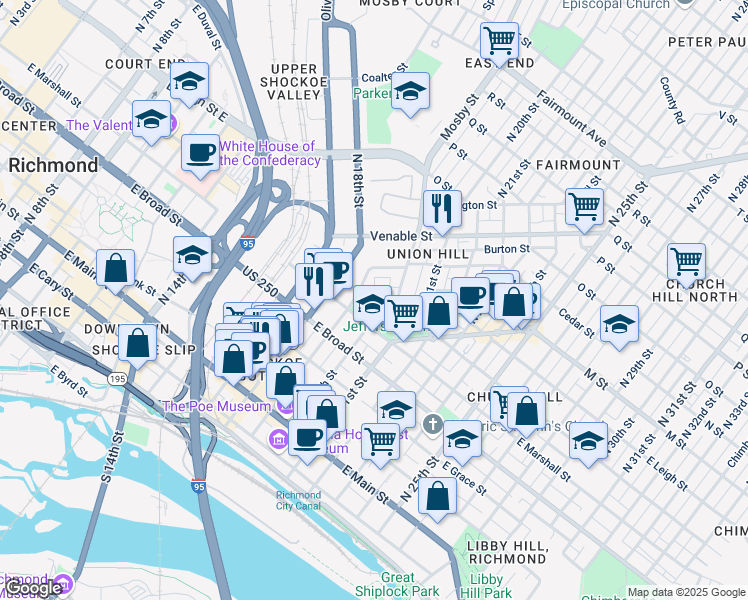 map of restaurants, bars, coffee shops, grocery stores, and more near 1902 Princess Anne Avenue in Richmond